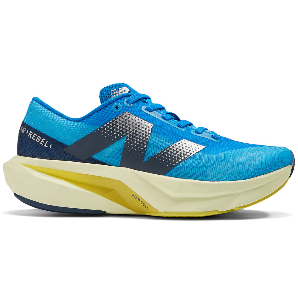 Side view on white background of Womens New Balance FuelCell Rebel v4 running shoe in Spice Blue/Limelight/Blue Oasis, Medium (Regular) width