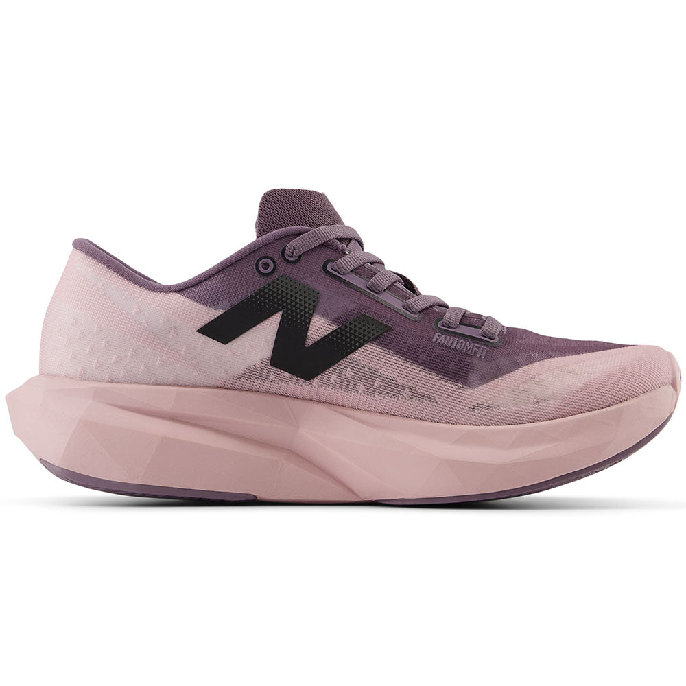 Side view on white background of Womens New Balance FuelCell Rebel running shoe in Twilight Haze/Dark Ice Wine/Black, Medium (Regular) width