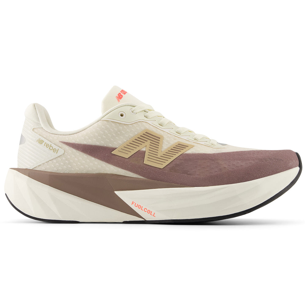 Side view on white background of Womens New Balance FuelCell Rebel running shoe in Angora/Earth Shadow/Sea Salt, Medium (Regular) width