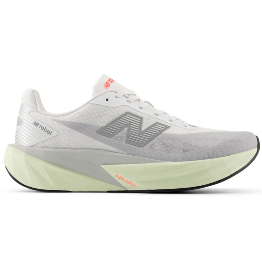 Side view on white background of Womens New Balance FuelCell Rebel running shoe in Raincloud/White/Mineral, Medium (Regular) width