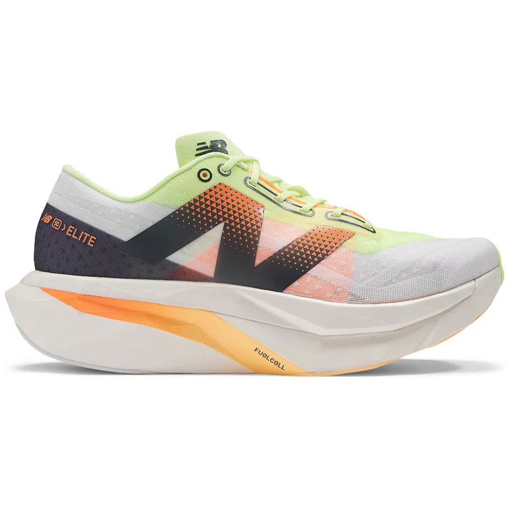 Side view on white background of Womens New Balance FuelCell SuperComp running shoe in White/Bleached Lime Glo, Medium (Regular) width