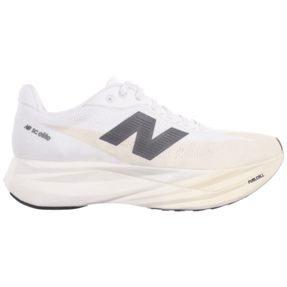Side view on white background of Womens New Balance FuelCell SuperComp running shoe in Linen/White/Gold Metallic, Medium (Regular) width