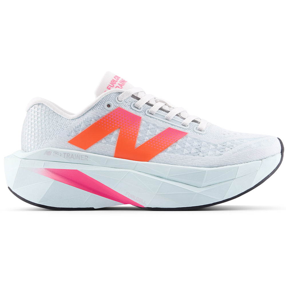 Side view on white background of Womens New Balance FuelCell SuperComp running shoe in Glint Blue/Daybreak, Medium (Regular) width