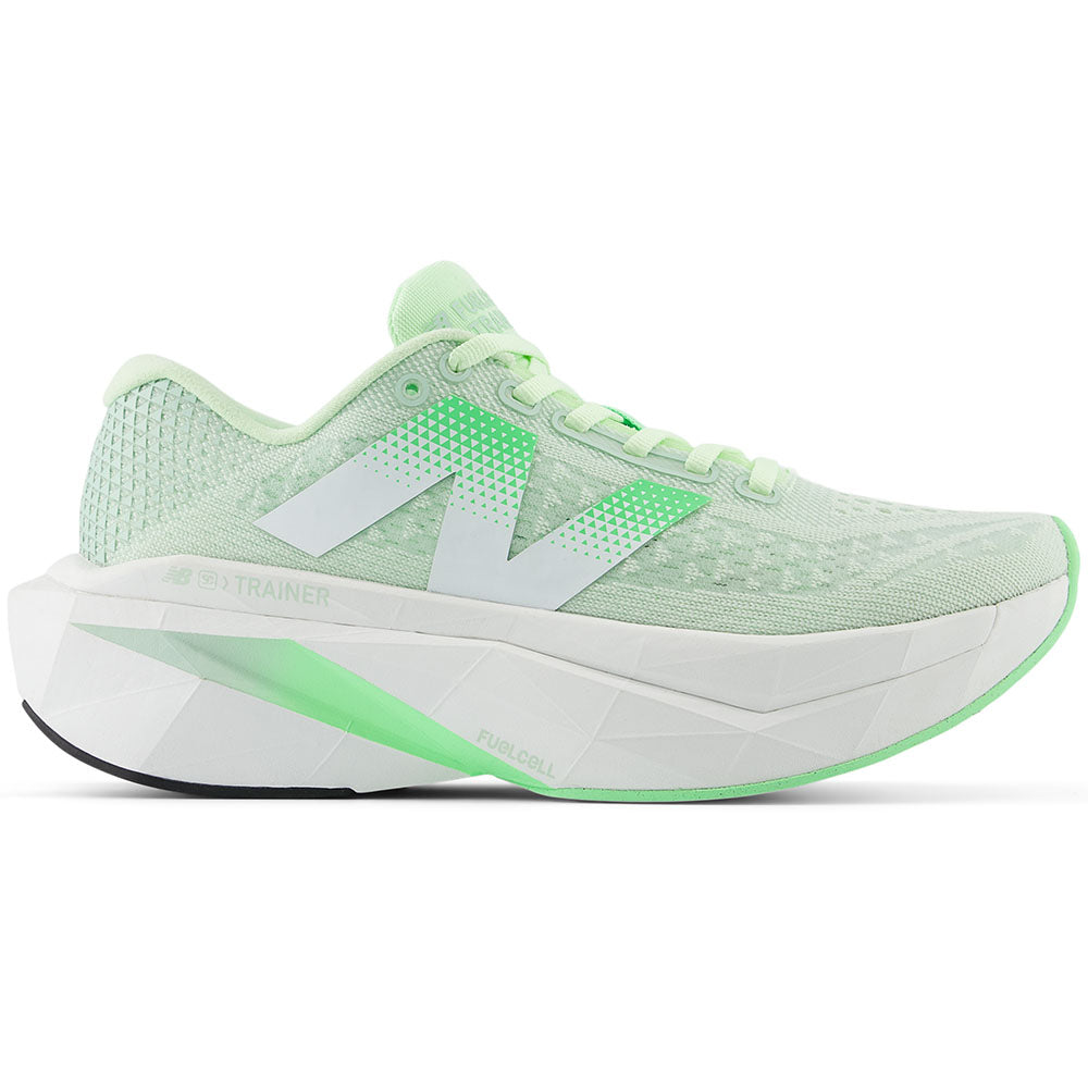Side view on white background of Womens New Balance FuelCell SuperComp running shoe in Melon Water/Clay Ash/White, Medium (Regular) width