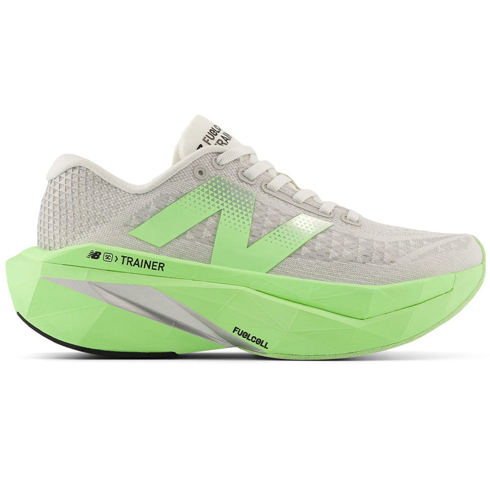 Side view on white background of Womens New Balance FuelCell SuperComp running shoe in Mint Flash/Grey Matter/Reflection, Medium (Regular) width