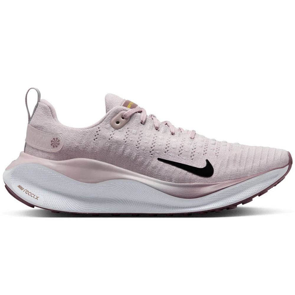 Side view on white background of Womens Nike InfinityRN 4 running shoe in Platinum Violet/Black/Smokey Mauve, Medium (Regular) width