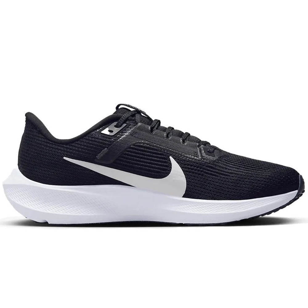 Side view on white background of Womens Nike Pegasus running shoe in Black/White-Iron Grey, Medium (Regular) width
