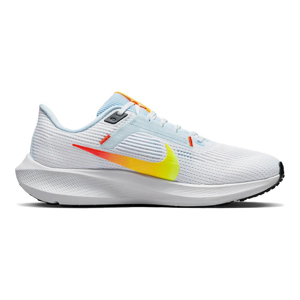 Side view on white background of Womens Nike Pegasus running shoe in White/Picante Red-Blue Tint-Laser Orange, Medium (Regular) width