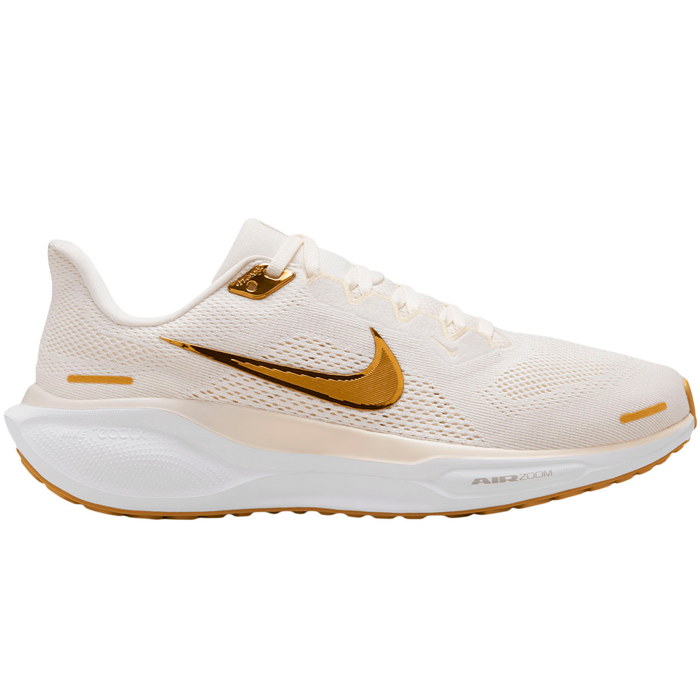 Side view on white background of Womens Nike Pegasus 41 running shoe in Phantom/Metallic Gold, Medium (Regular) width
