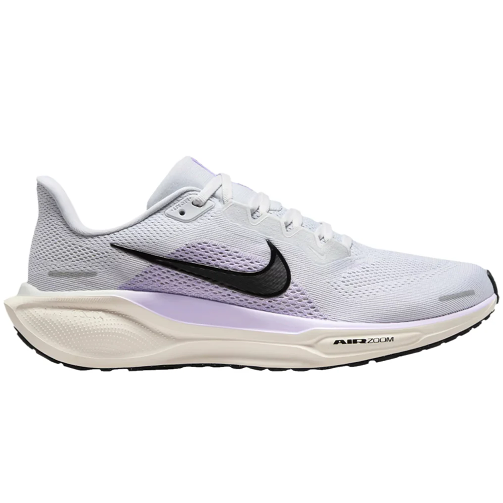 Side view on white background of Womens Nike Pegasus running shoe in Pure Platinum/Black/Lilac Bloom, Medium (Regular) width