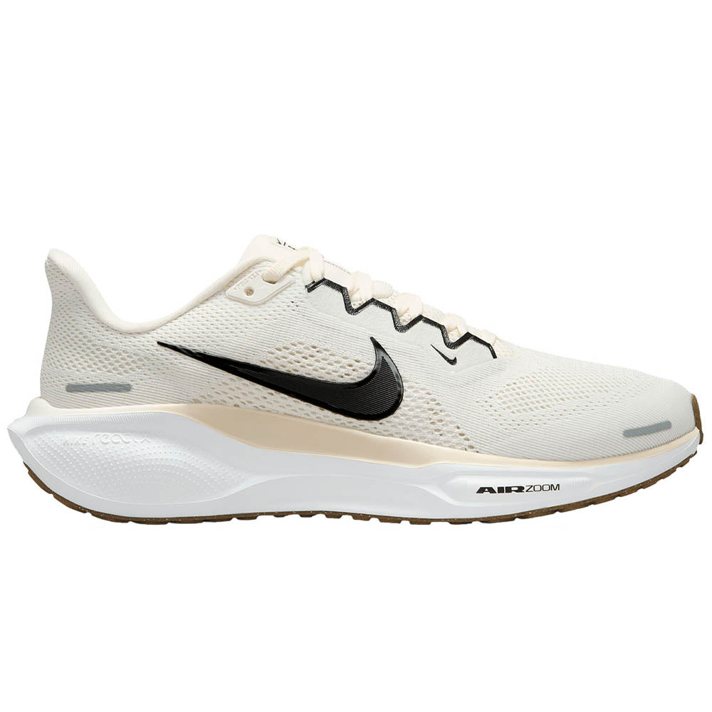 Side view on white background of Womens Nike Pegasus running shoe in Sail/Black/Phantom/White, Extra Wide width