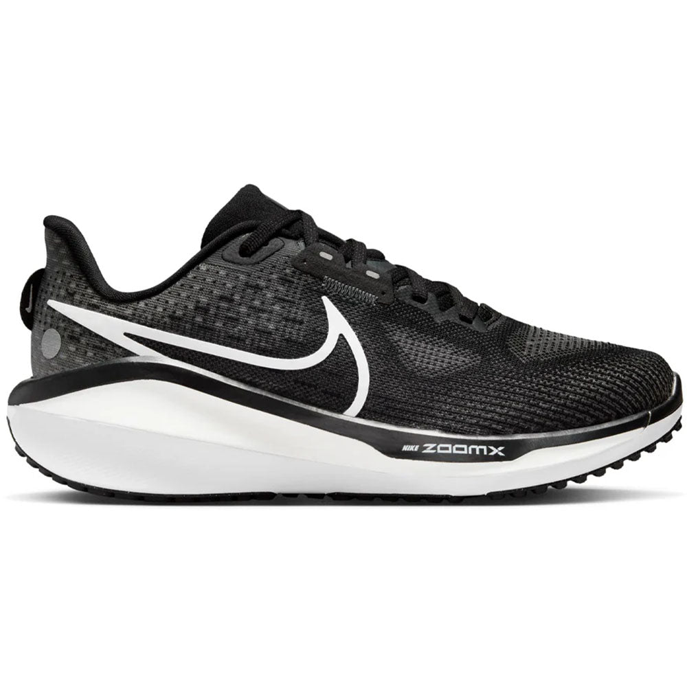 Side view on white background of Womens Nike Vomero running shoe in Black/White/Anthracite, Medium (Regular) width
