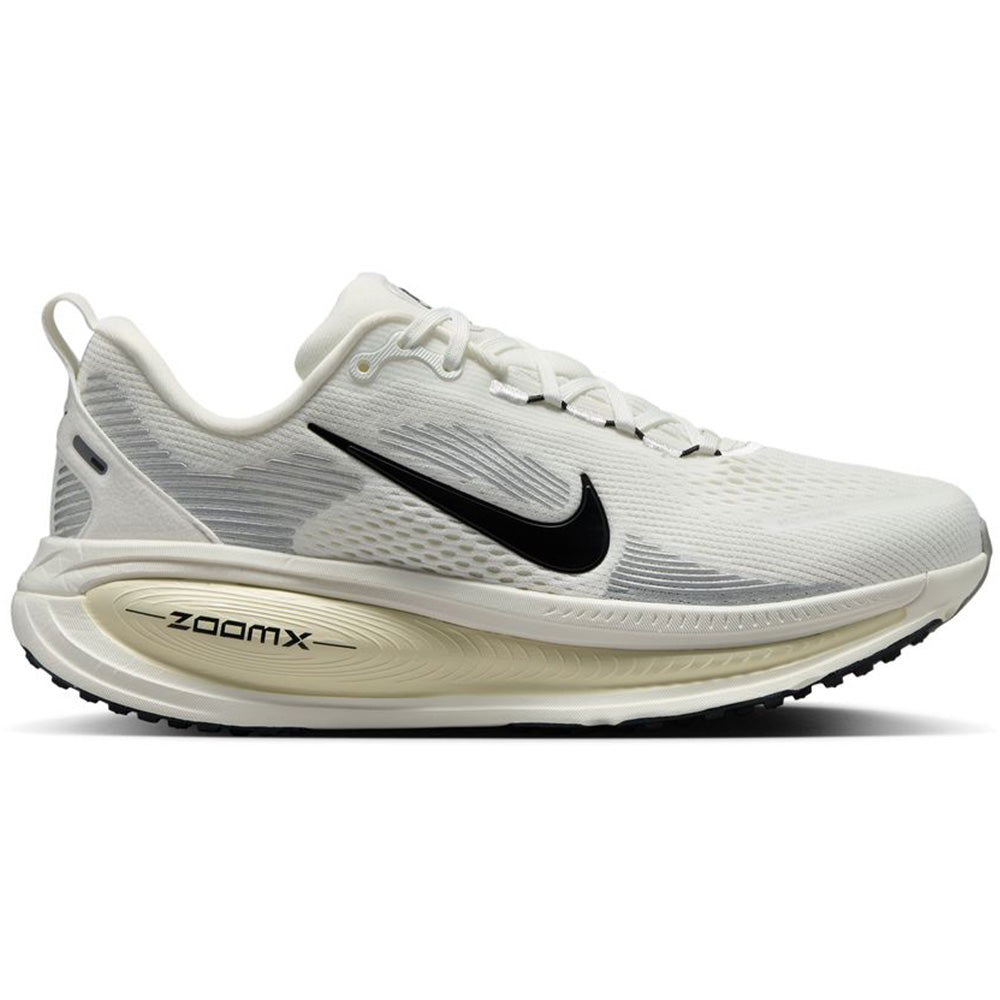 Side view on white background of Womens Nike Vomero running shoe in Summit White/Black/Coconut Milk, Medium (Regular) width