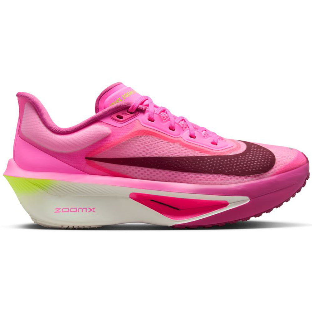 Side view on white background of Womens Nike Zoom Fly running shoe in Pink Spell/Bordeaux/Crimson Tint, Medium (Regular) width