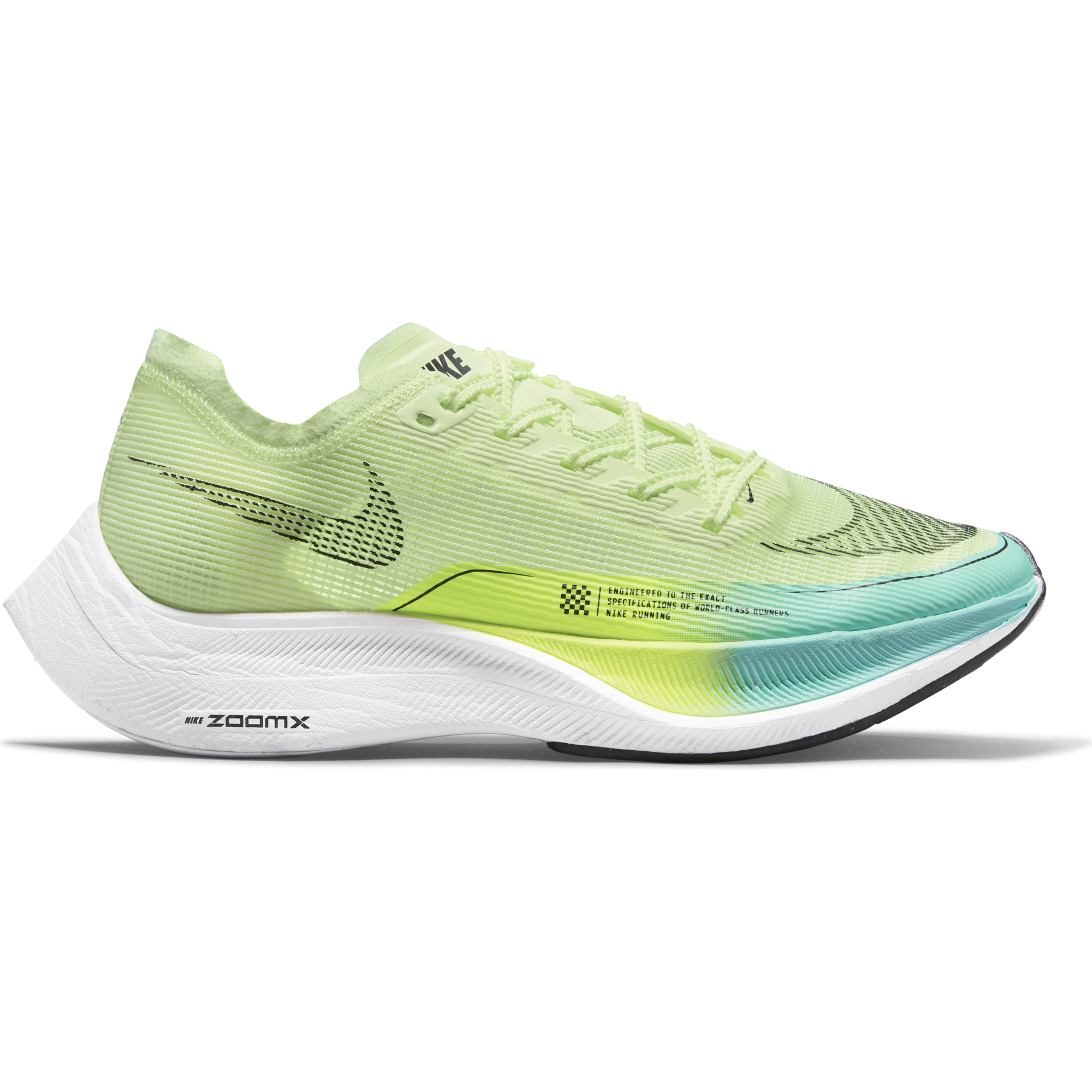 Side view on white background of Womens Nike ZoomX Vaporfly running shoe in Barely Volt/Black-Dynamic Turquoise-Volt, Medium (Regular) width
