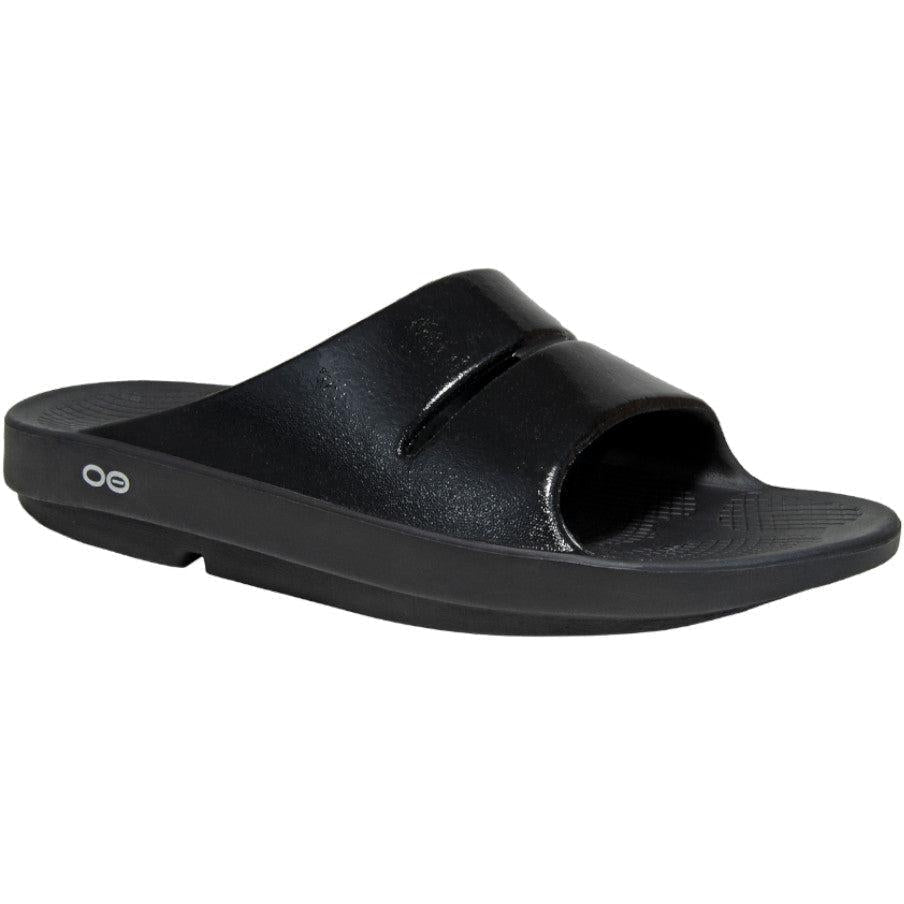 Side view on white background of Womens OOFOS OOahh running shoe in Black, Medium (Regular) width