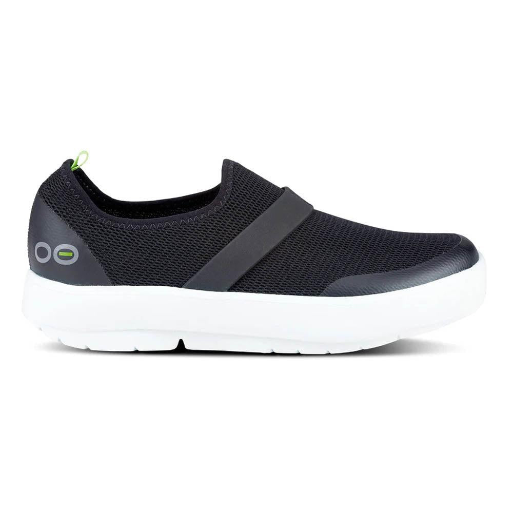 Side view on white background of Womens OOFOS Oomg running shoe in White/Black, Medium (Regular) width