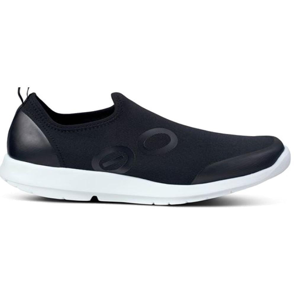 Side view on white background of Womens OOFOS Oomg running shoe in White/Black, Medium (Regular) width