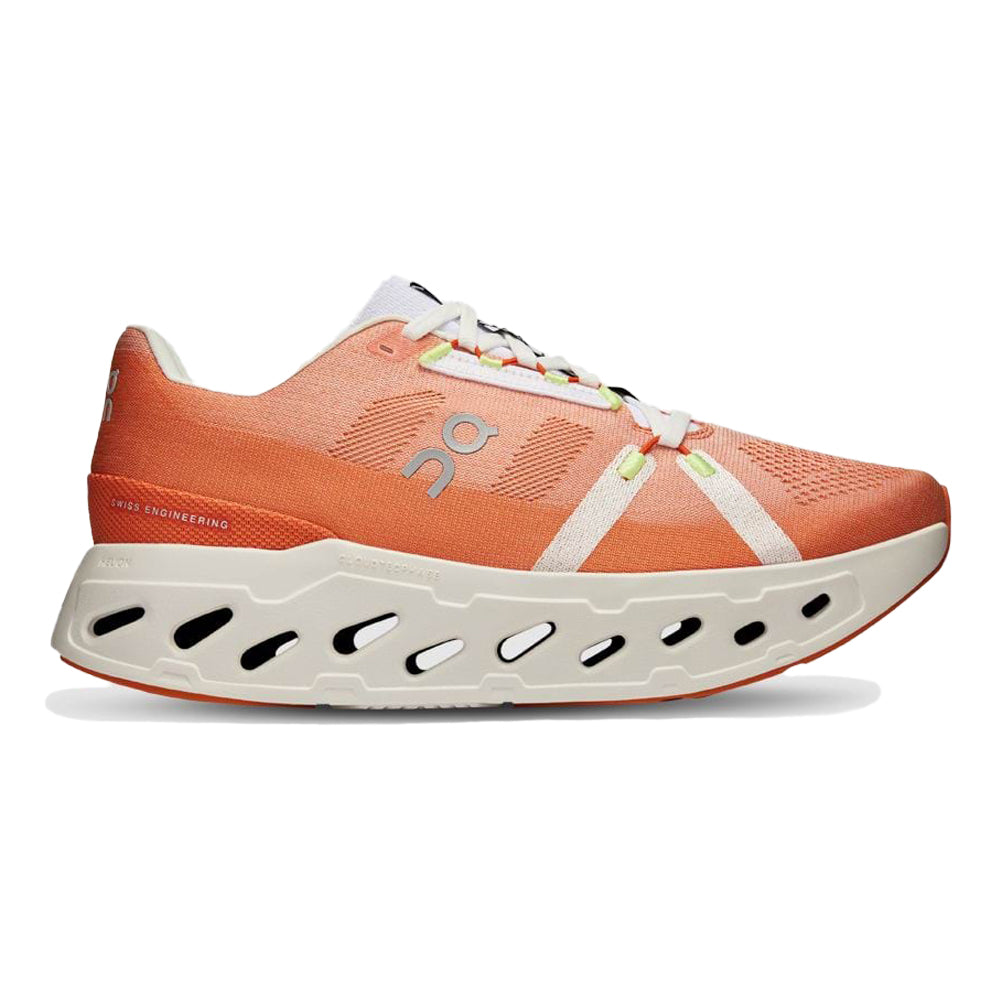 Side view on white background of Womens On Cloudeclipse running shoe in Flame/Ivory, Medium (Regular) width