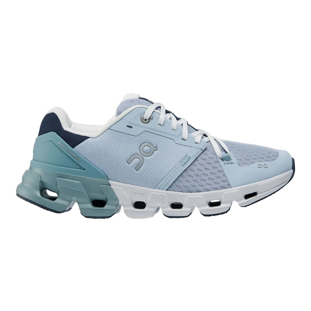 Side view on white background of Womens On Cloudflyer running shoe in Nimbus/Cobble, Medium (Regular) width
