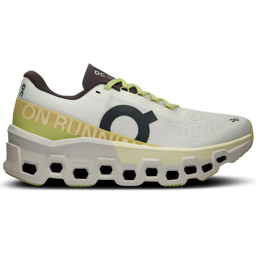 Side view on white background of Womens On Cloudmonster running shoe in Undyed/Zest, Medium (Regular) width