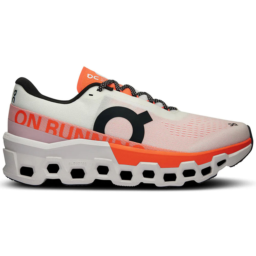 Side view on white background of Womens On Cloudmonster running shoe in White/Flame, Medium (Regular) width