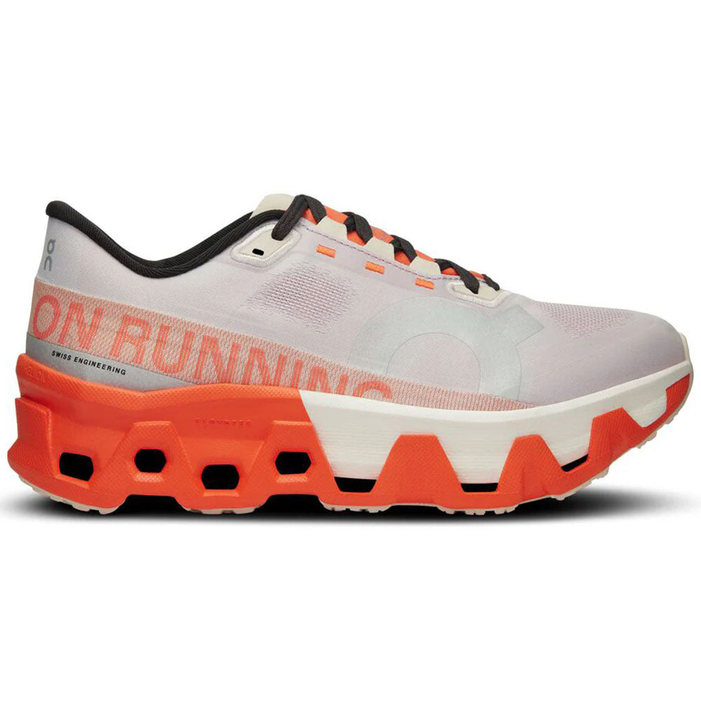Side view on white background of Womens On Cloudmonster Hyper running shoe in Mauve/Flame, Medium (Regular) width