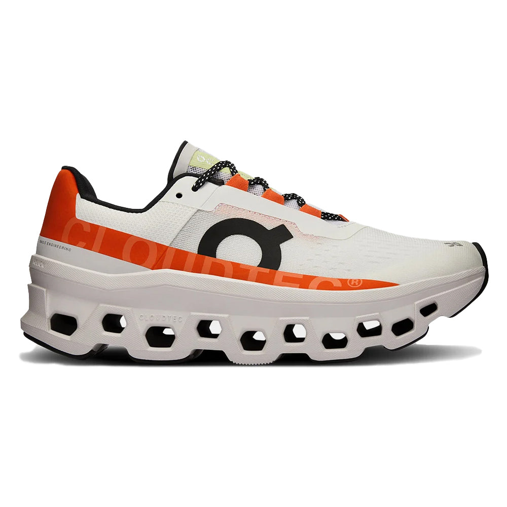 Side view on white background of Womens On Cloudmonster running shoe in Undyed-White/Flame, Medium (Regular) width