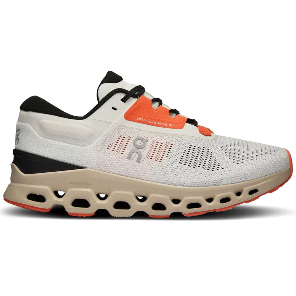 Side view on white background of Womens On Cloudstratus running shoe in Undyed-White/Sand, Medium (Regular) width