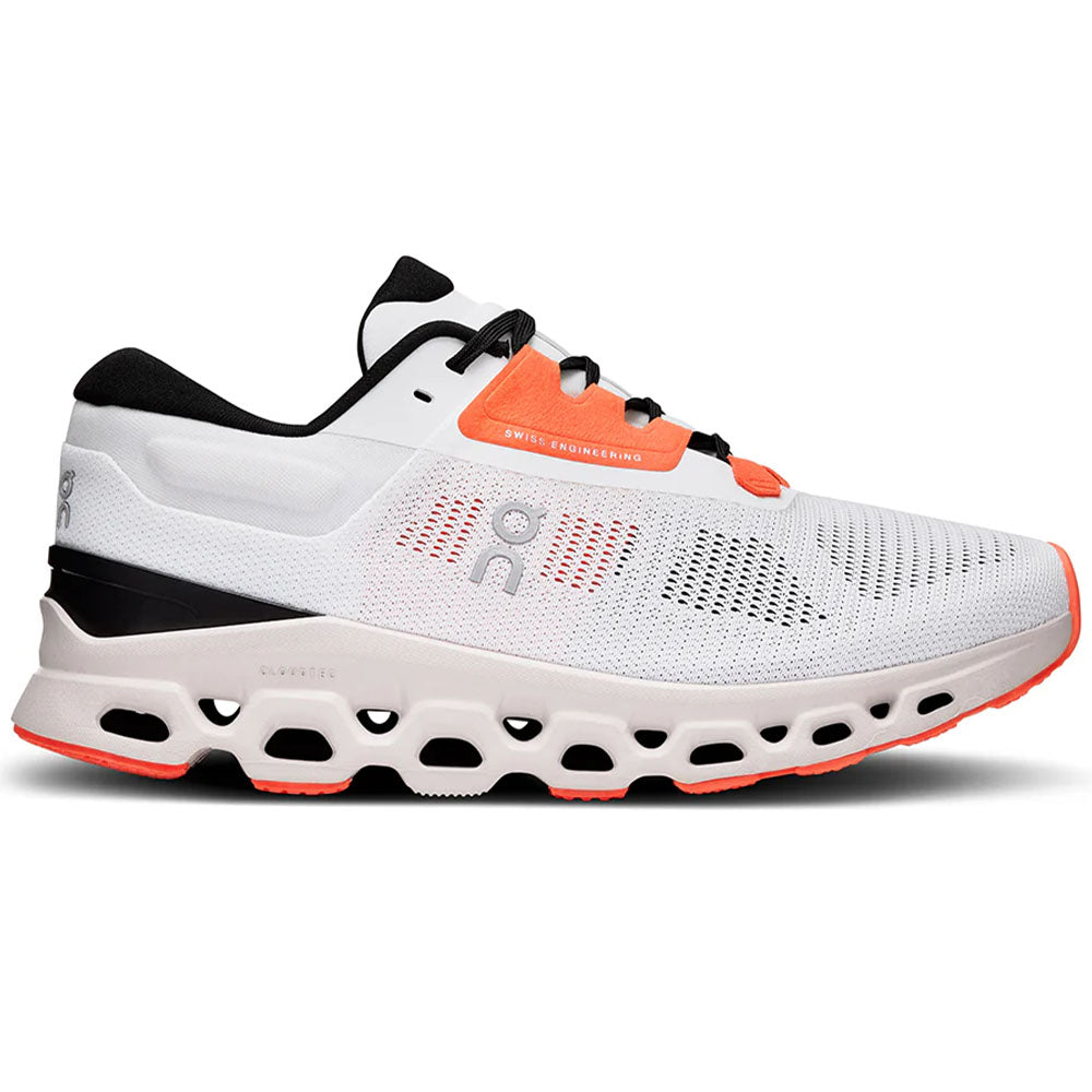 Side view on white background of Womens On Cloudstratus running shoe in White/Sand, Medium (Regular) width