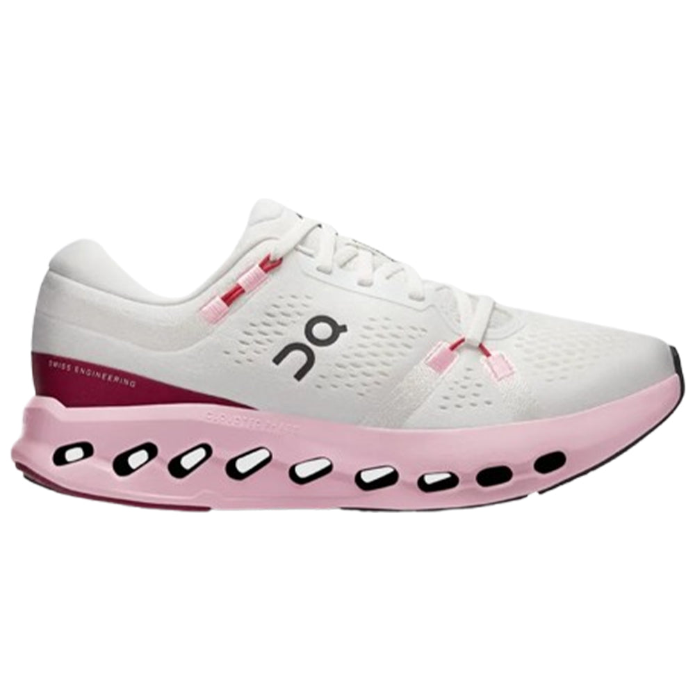Side view on white background of Womens On Cloudsurfer running shoe in Ivory/Peony, Medium (Regular) width