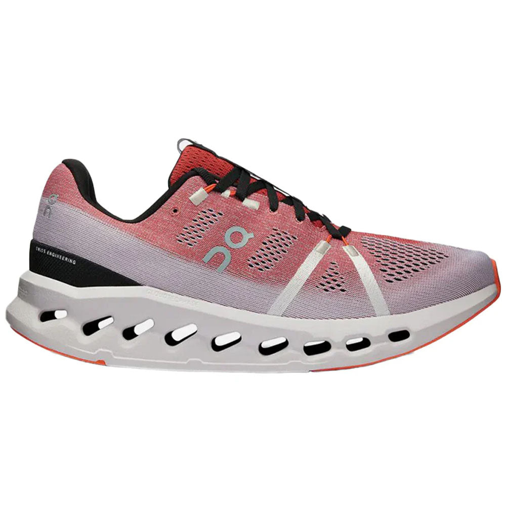 Side view on white background of Womens On Cloudsurfer running shoe in Auburn/Frost, Medium (Regular) width