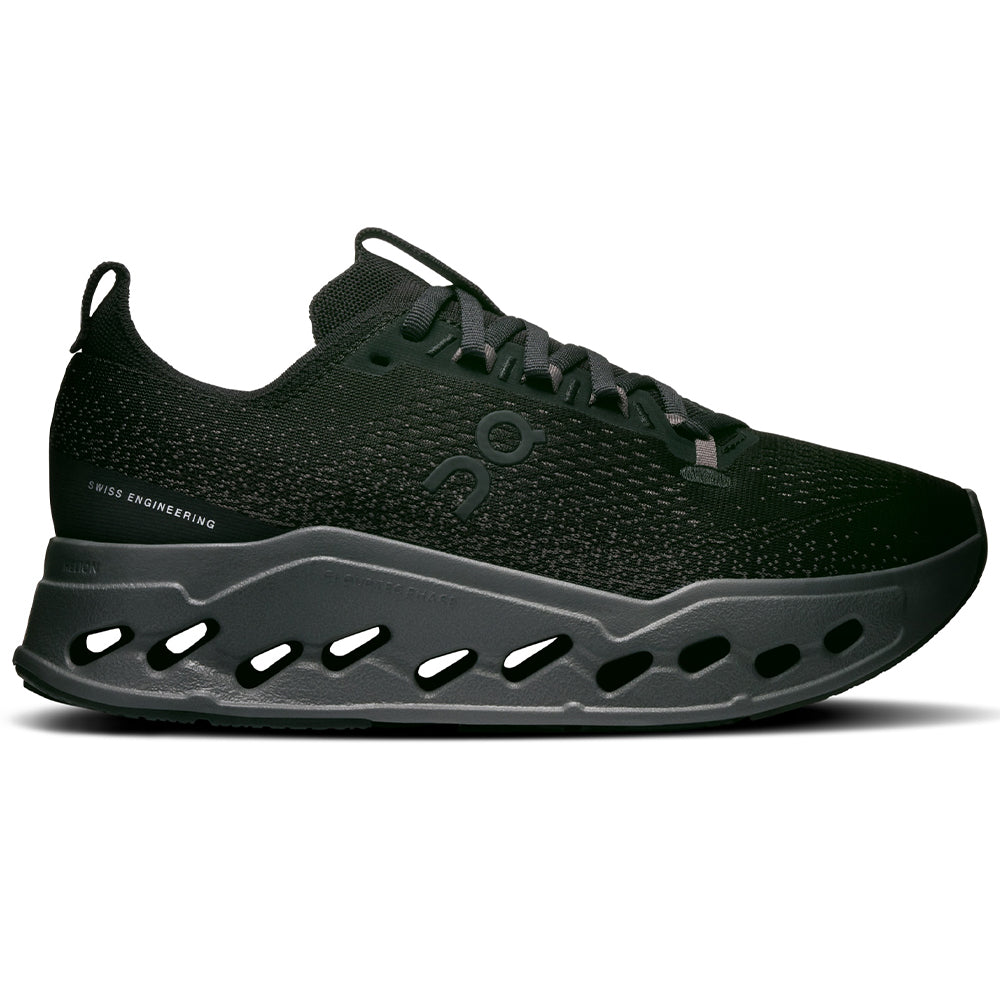 Side view on white background of Womens On Cloudsurfer running shoe in Black/Eclipse, Medium (Regular) width