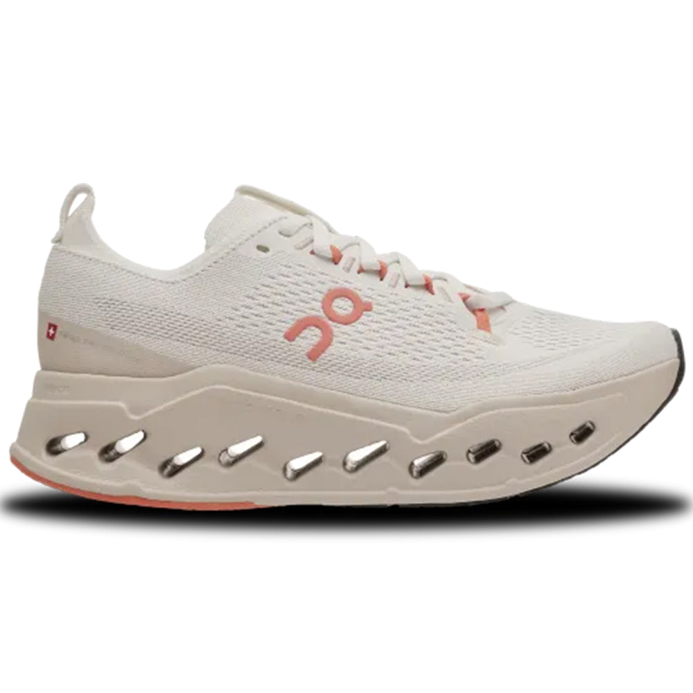 Side view on white background of Womens On Cloudsurfer running shoe in Ivory/Salmon, Medium (Regular) width