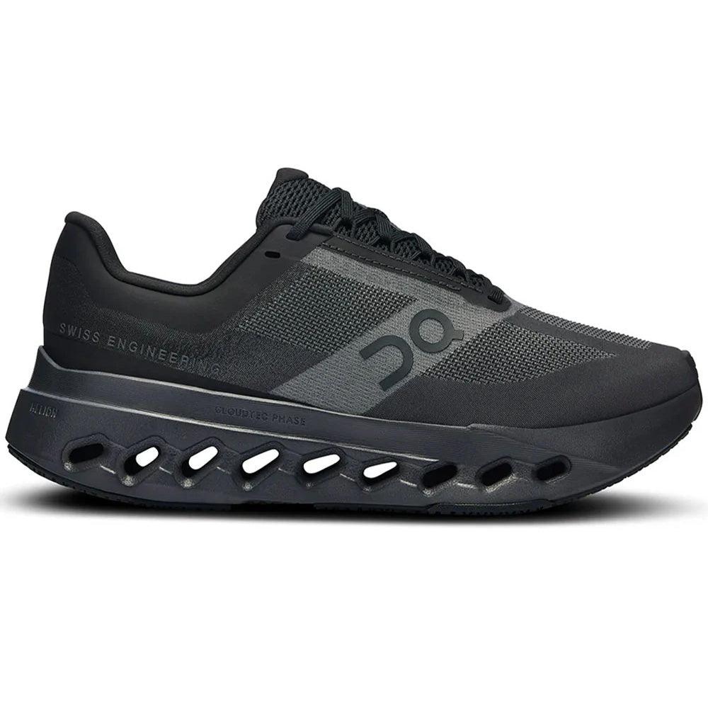 Side view on white background of Womens On Cloudsurfer running shoe in Black/Eclipse, Medium (Regular) width