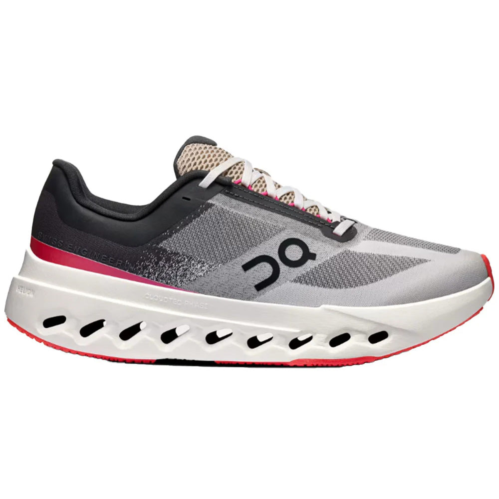 Side view on white background of Womens On Cloudsurfer running shoe in Black/White, Medium (Regular) width