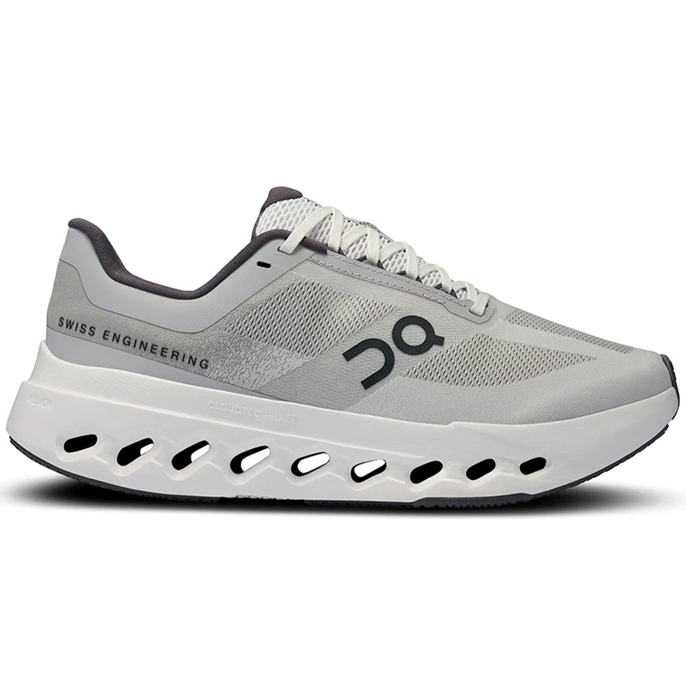 Side view on white background of Womens On Cloudsurfer Next running shoe in Glacier/White, Wide width