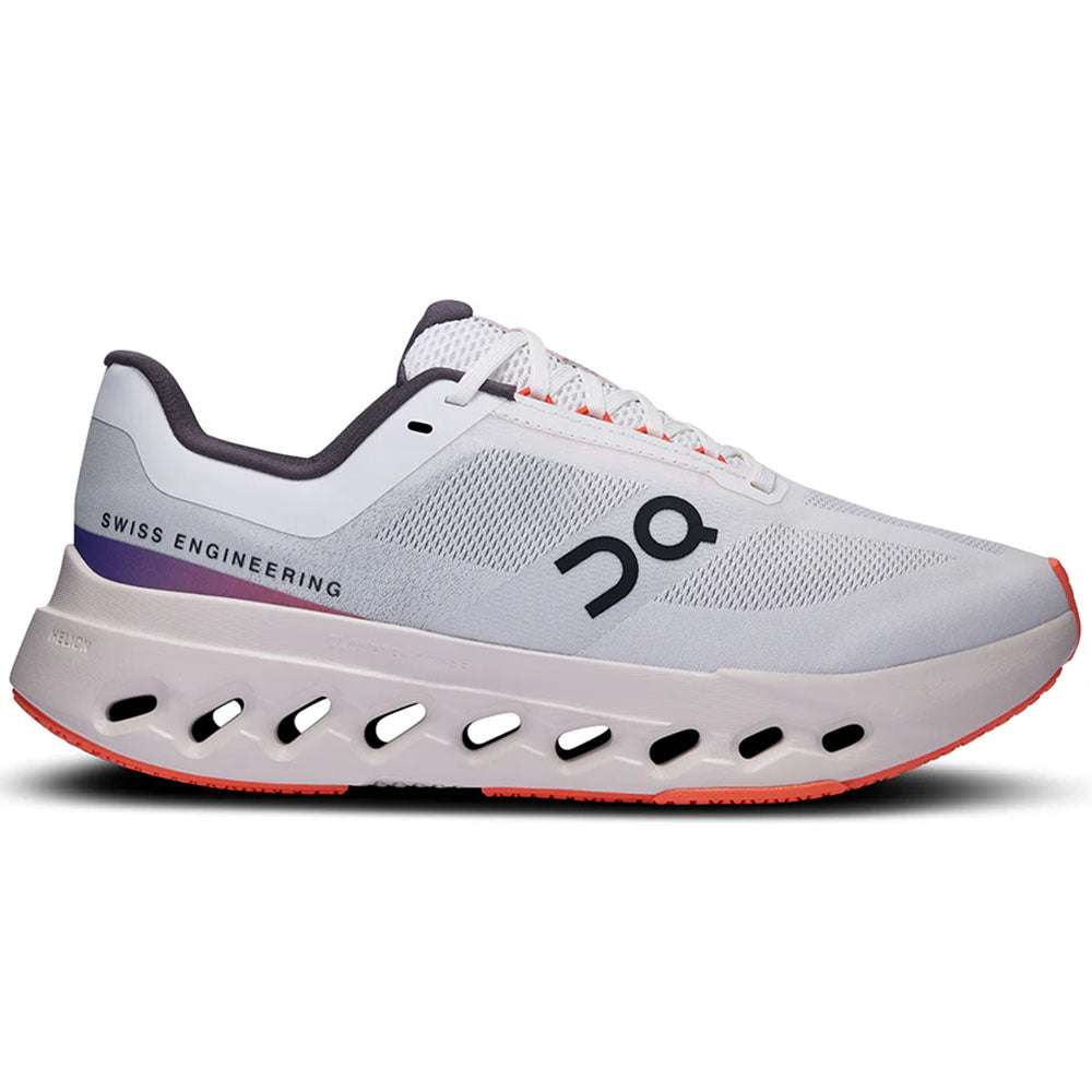 Side view on white background of Womens On Cloudsurfer running shoe in White/Flame, Medium (Regular) width