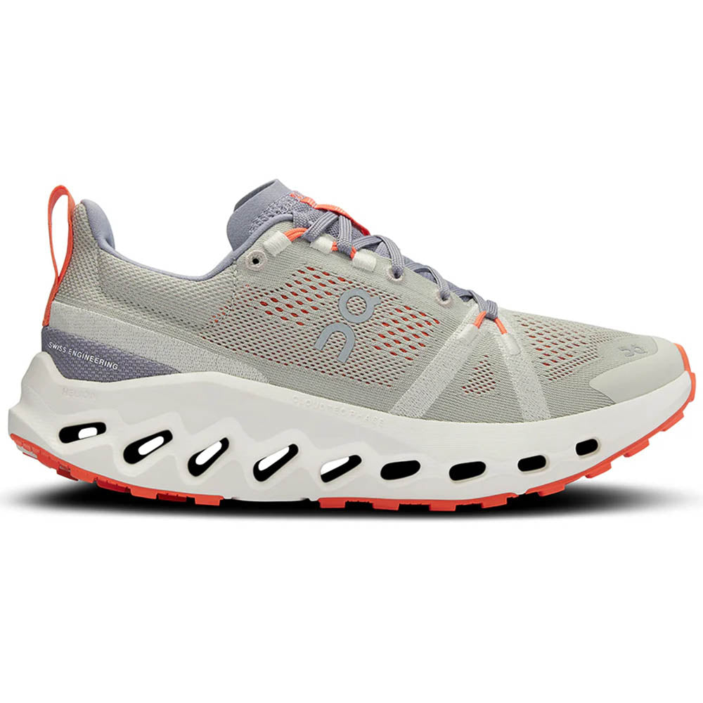 Side view on white background of Womens On Cloudsurfer Trail running shoe in Fossil/Ivory, Medium (Regular) width