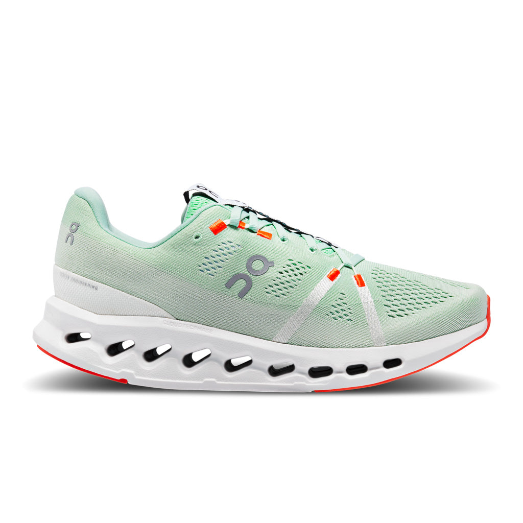Side view on white background of Womens On Cloudsurfer running shoe in Creek/White, Medium (Regular) width