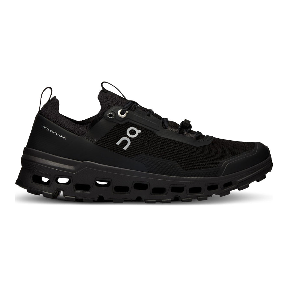 Side view on white background of Womens On Cloudultra running shoe in All Black, Medium (Regular) width