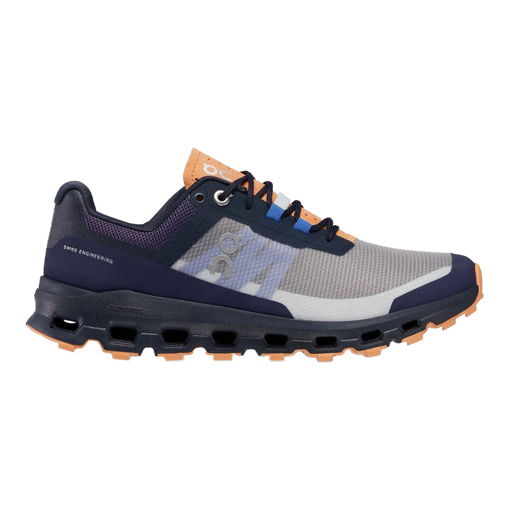 Side view on white background of Womens On Cloudvista running shoe in Midnight/Copper, Medium (Regular) width