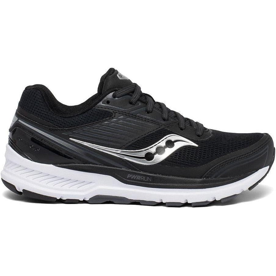 Side view on white background of Womens Saucony Echelon running shoe in Black/White, Medium (Regular) width