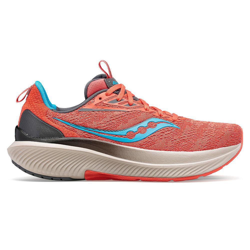 Side view on white background of Womens Saucony Echelon running shoe in Coral/Ocean, Medium (Regular) width