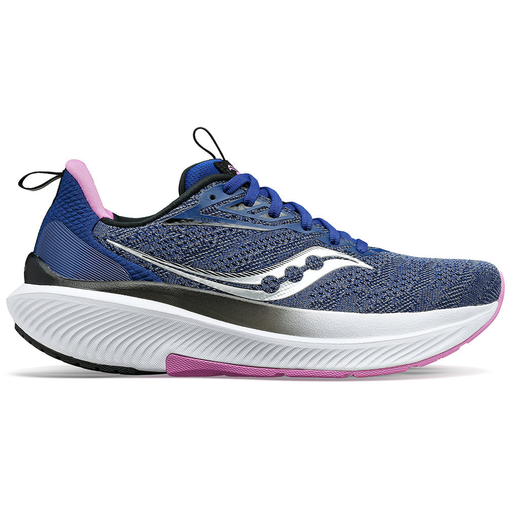 Side view on white background of Womens Saucony Echelon 9 running shoe in Indigo/Grape, Wide width