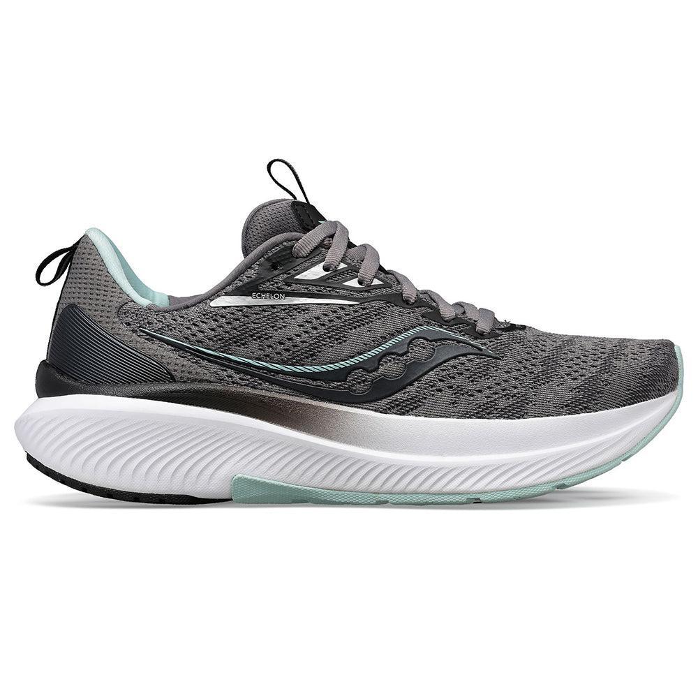 Side view on white background of Womens Saucony Echelon 9 running shoe in Charcoal/Ice, Wide width