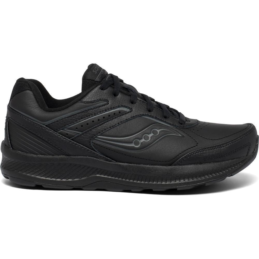 Side view on white background of Womens Saucony Echelon Walker 3 running shoe in Black, Medium (Regular) width