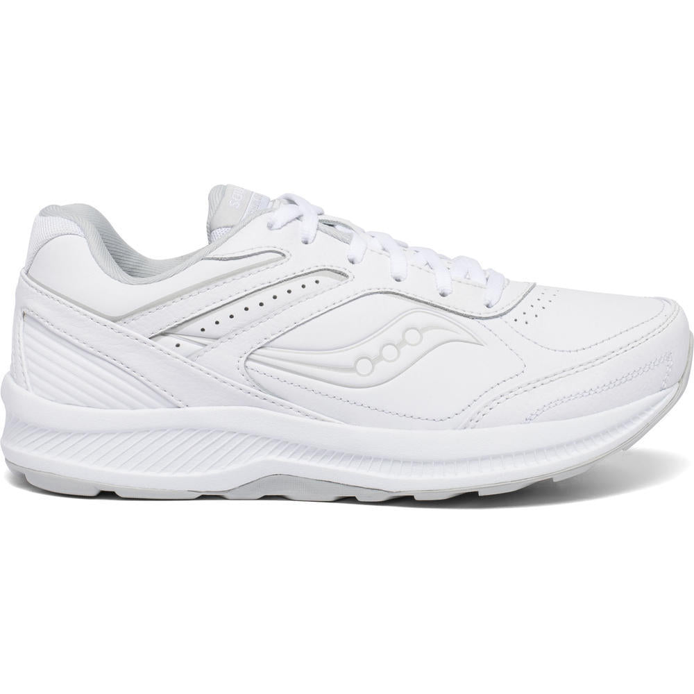 Side view on white background of Womens Saucony Echelon Walker 3 running shoe in White, Wide width