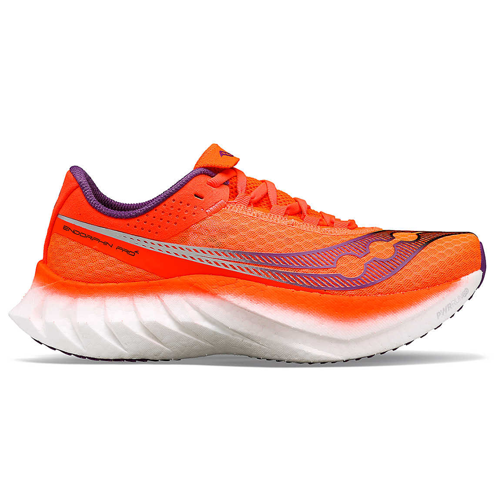 Side view on white background of Womens Saucony Endorphin Pro running shoe in Vizired, Medium (Regular) width