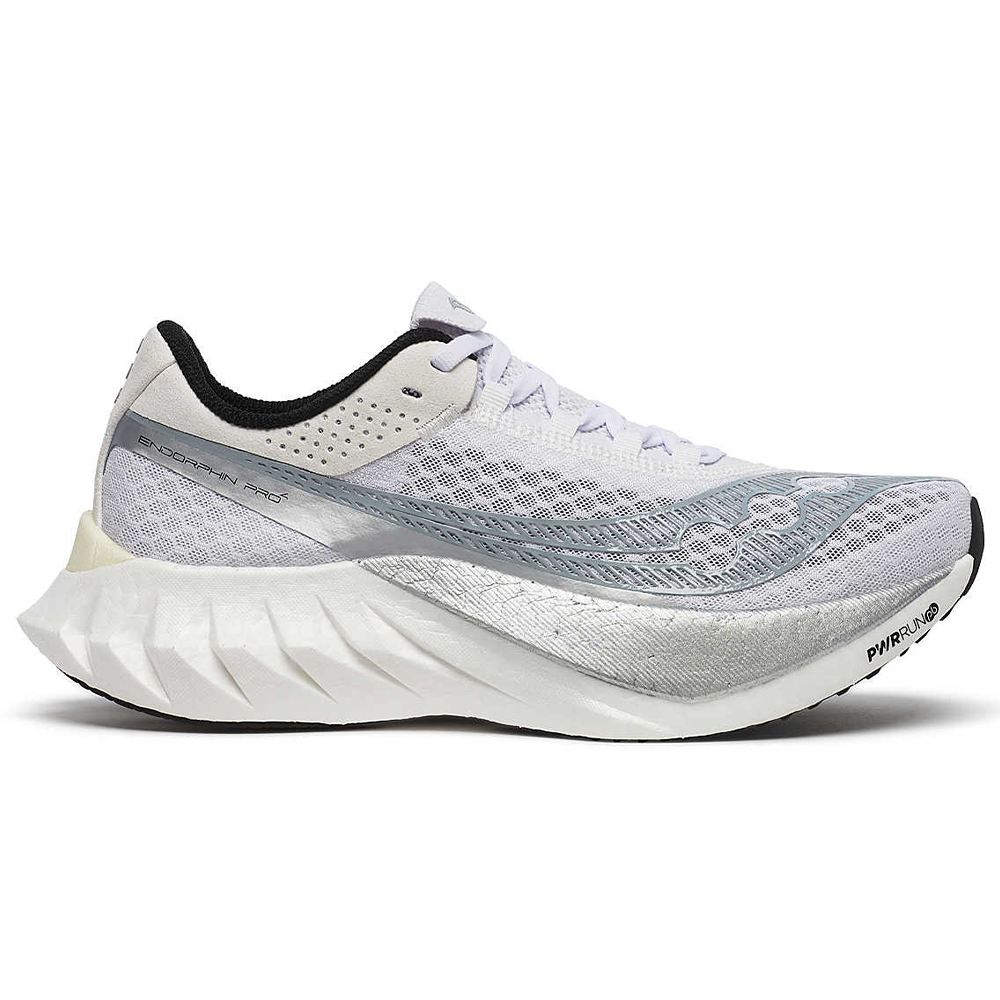 Side view on white background of Womens Saucony Endorphin Pro running shoe in White/Silver, Medium (Regular) width